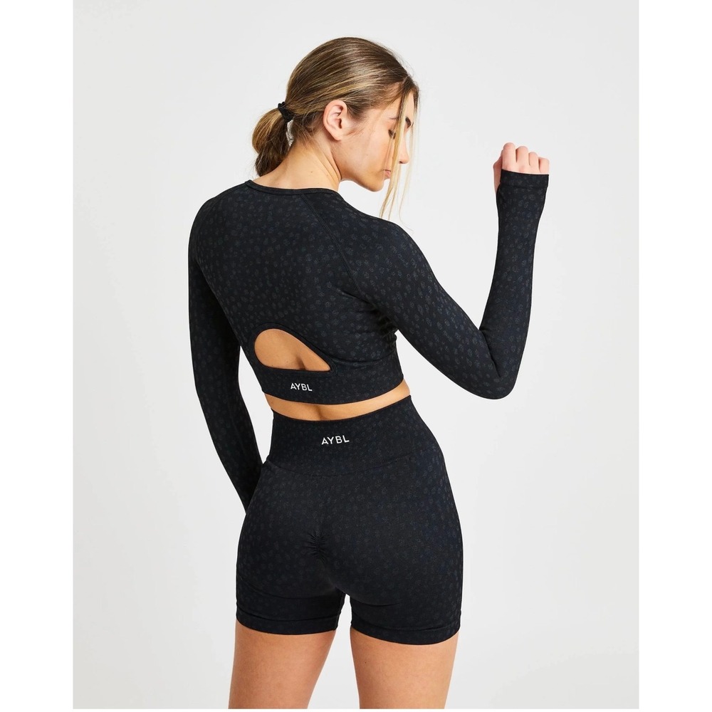AYBL Speckle Print Seamless Long Sleeve Crop Top Thumbholes Women's Medium Black